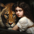 Classic Style Painting: Girl with Floral Crown and Majestic Lion