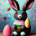 Colorful Easter Bunny with Chocolate Texture and Eggs on Blue Background