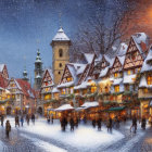 Snow-covered roofs and decorated buildings in a bustling European winter town