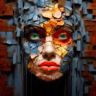 Colorful Stylized Female Face Artwork on Textured Wooden Carving Backdrop