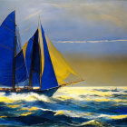 Vibrant painting: Sailboats with blue and yellow sails on stormy sea