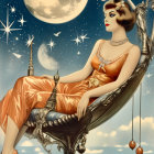 Vintage Woman Illustration on Crescent Moon Swing Night Sky Backdrop