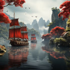 Serene lake scene: red-sailed ship, steep cliffs, red foliage