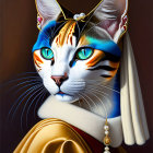 Cat with human-like features in elegant attire with pearl accessories