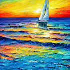 Colorful textured painting of sailboats on the sea at sunset