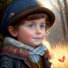 Young girl in blue hat and coat smiling in sunlit forest with butterfly