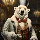 Anthropomorphic polar bear in Victorian attire with top hat and cane beside smaller bear