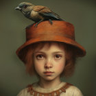 Child with big brown eyes and curly hair in brown hat with bird perched, another bird flying.