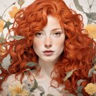 Digital artwork: Woman with red curly hair, porcelain skin, blue eyes, white flowers