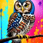 Colorful Whimsical Owl Illustration with Ornate Feathers and Jewel-like Eyes