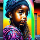 Colorful street art mural featuring young girl with braids and tear-like design