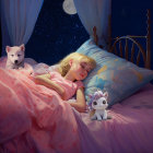 Young girl sleeping with wolf pups under starry night sky