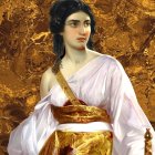 Illustrated Woman in Gold and White Attire on Celestial Metallic Background