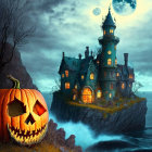 Spooky Halloween scene with carved pumpkin, haunted house, full moon, and bats