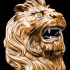 Detailed Golden Lion Head Sculpture on Black Background