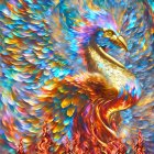 Colorful Phoenix Rising from Flames with Vibrant Feathers