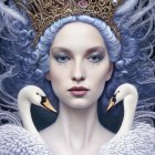 Fantasy portrait of woman with pale skin, blue eyes, crown, two white swans, dark