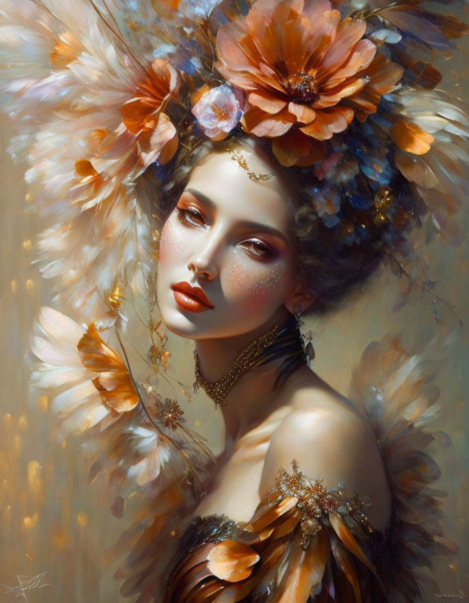 Ethereal woman with orange flowers, feathers, and butterfly earrings