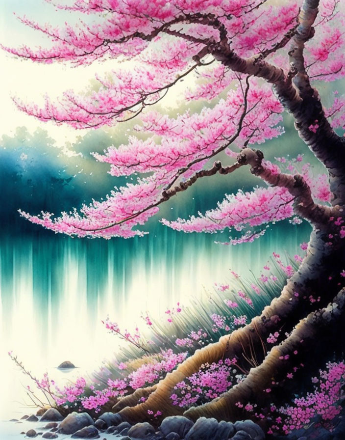 Cherry Blossom Tree Over Misty Blue Lake