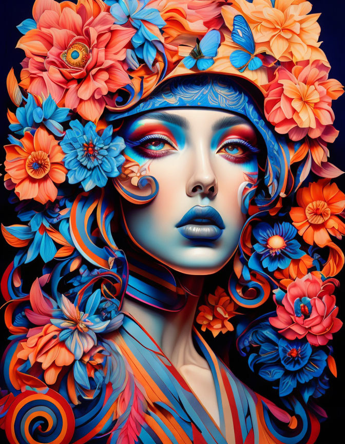 Colorful portrait of person with blue skin and floral adornments