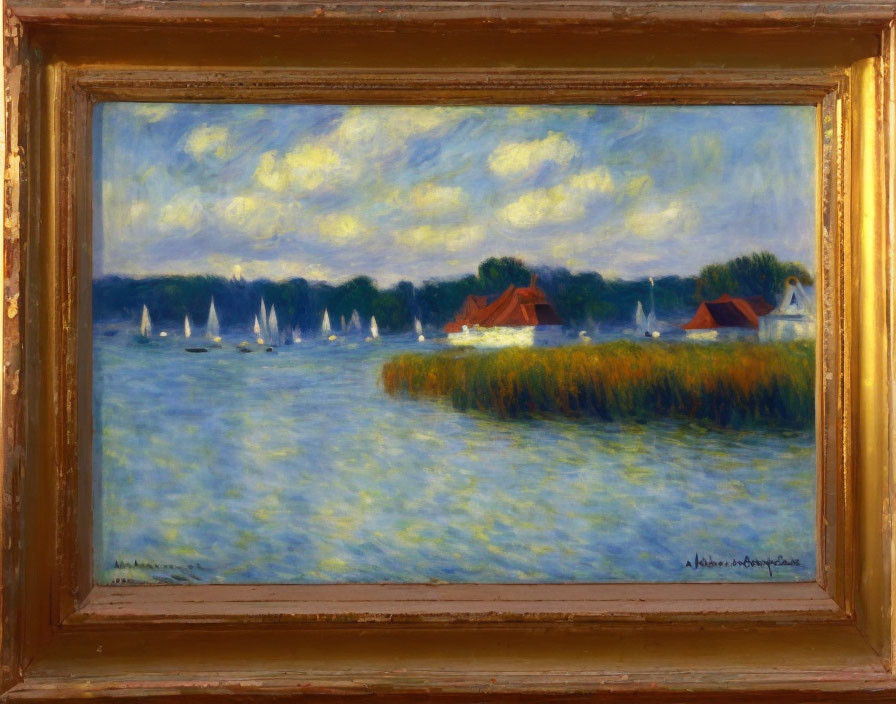 Impressionist Sailboat Painting with Lake, Houses, and Sky in Golden Frame