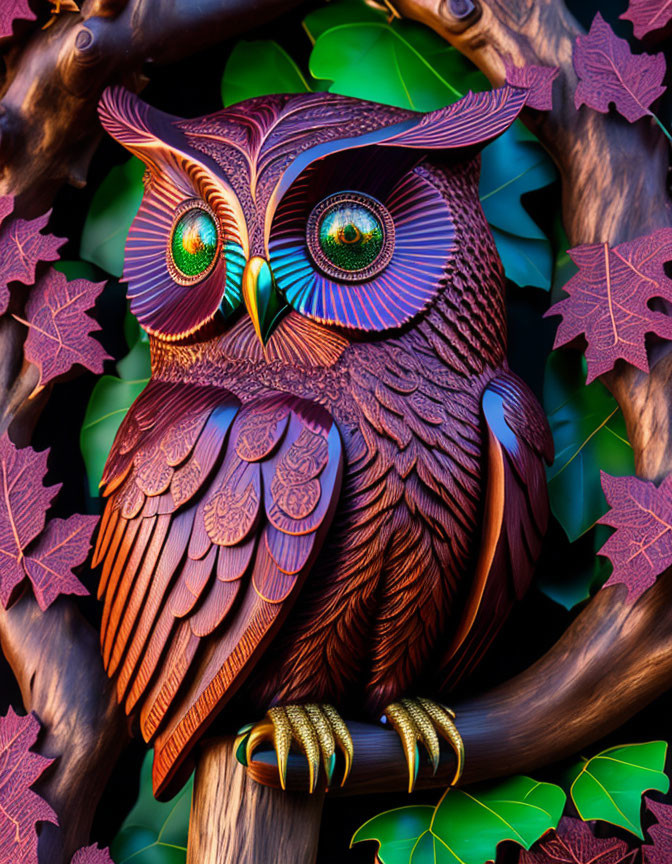 Vibrant owl art with intricate patterns and green eyes