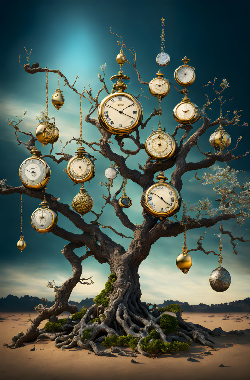 Surreal image: old tree with antique clocks, blue sky, sandy dunes