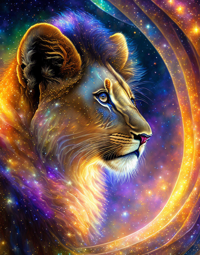 Majestic lion's head profile merges with cosmic galaxy patterns in vibrant colors