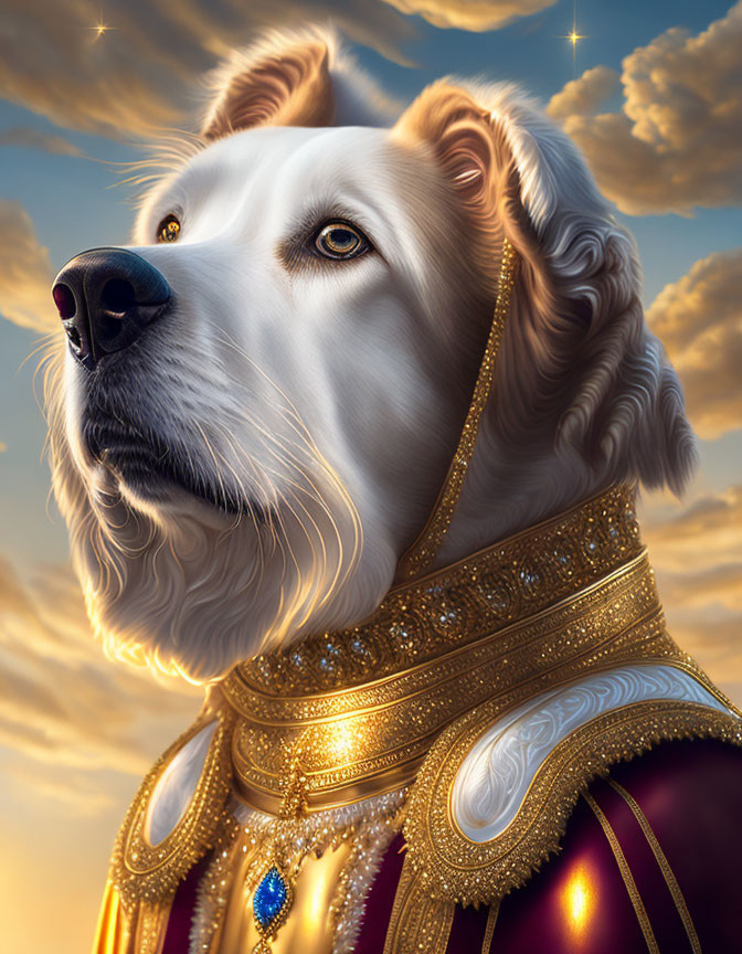 White Fur Dog in Golden Collar and Armor Against Sunset Sky