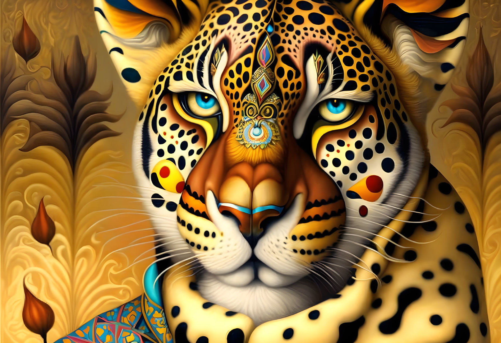 Colorful Leopard Face Artwork on Golden Background