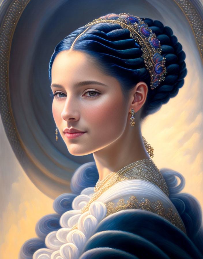 Intricate blue hair portrait with golden headpiece and delicate earrings