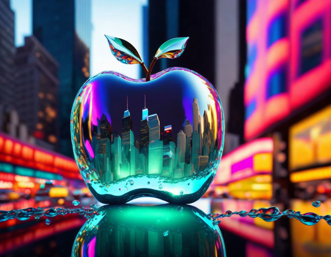 Reflective City Skyline Apple Sculpture on Vibrant City Background