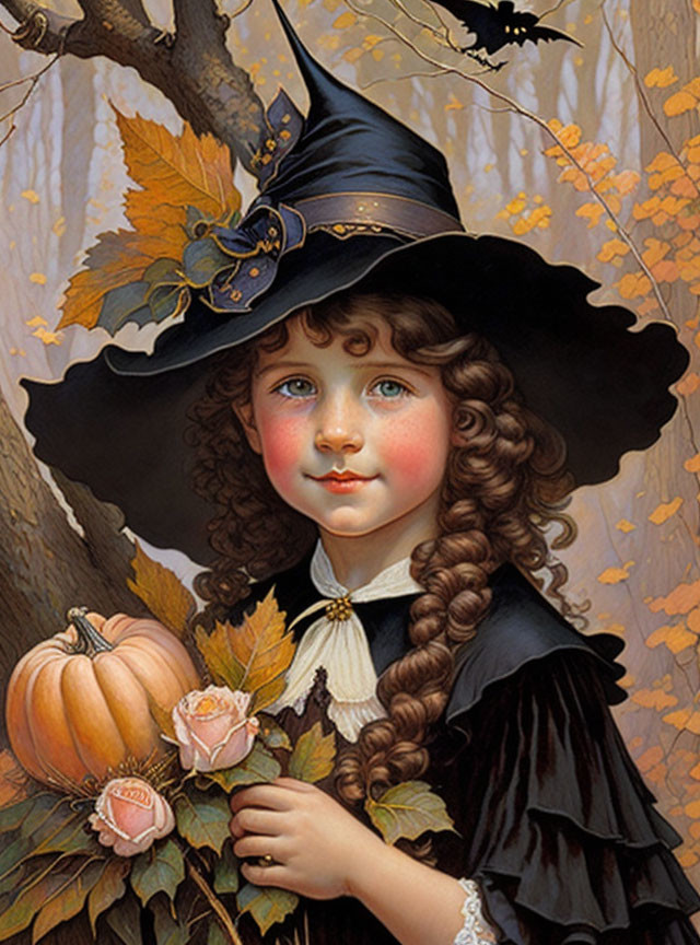 Curly-haired girl in witch's hat with pumpkin among autumn leaves and roses