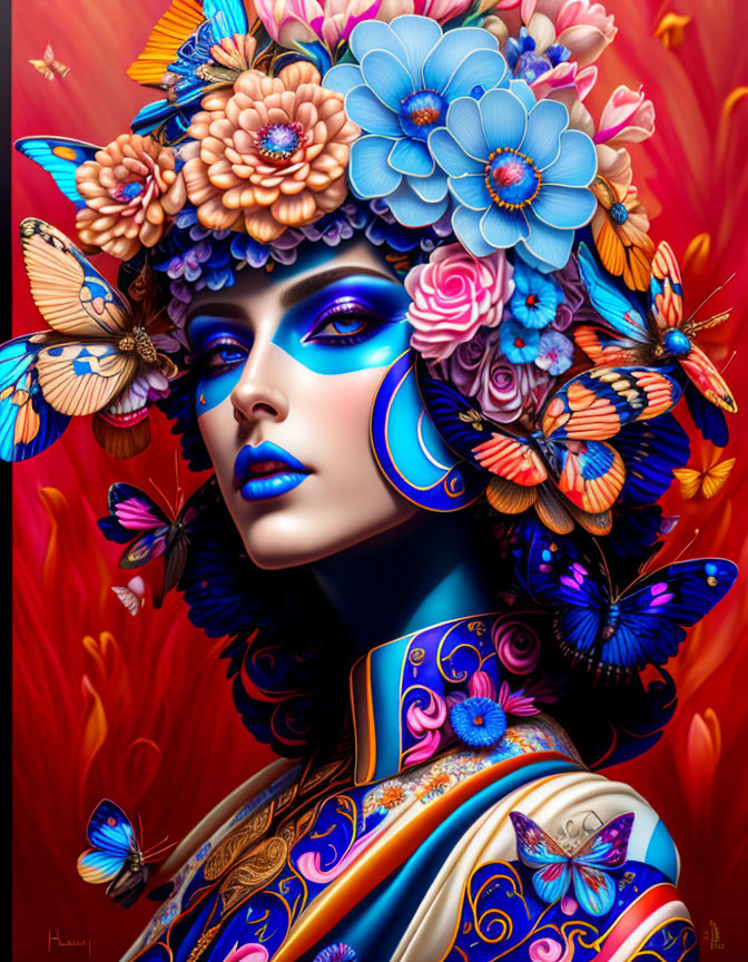 Colorful digital artwork of woman with blue skin and floral headdress on red background