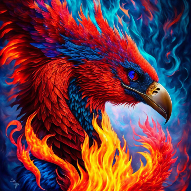 Colorful Phoenix Illustration with Fiery Plumage and Surrounding Flames