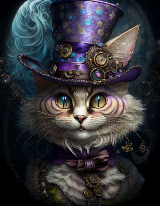 Steampunk-themed anthropomorphic cat with blue eyes and purple gear hat.