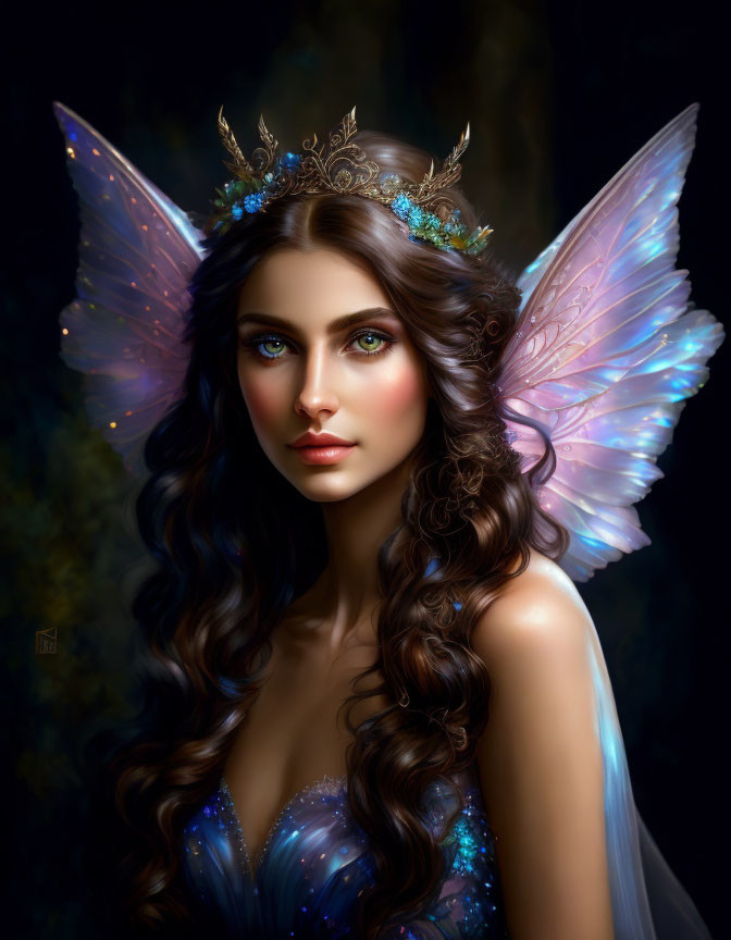 Mystical fairy portrait with iridescent wings and crown