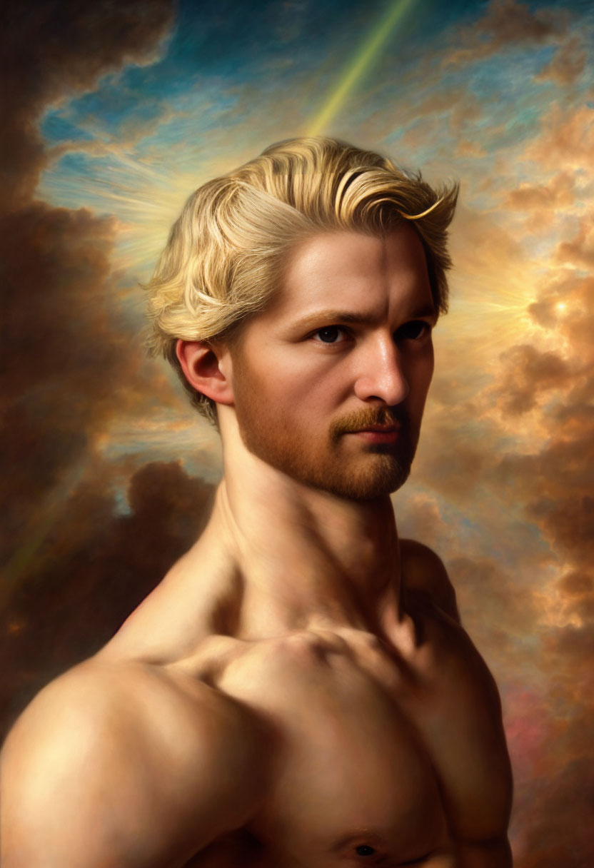 Classical Portrait of Shirtless Man with Blond Hair in Dramatic Sky