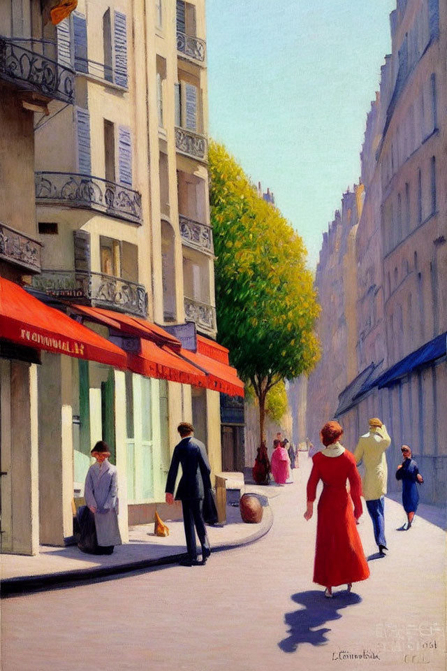 City street scene with pedestrians and lady in red near building with awning