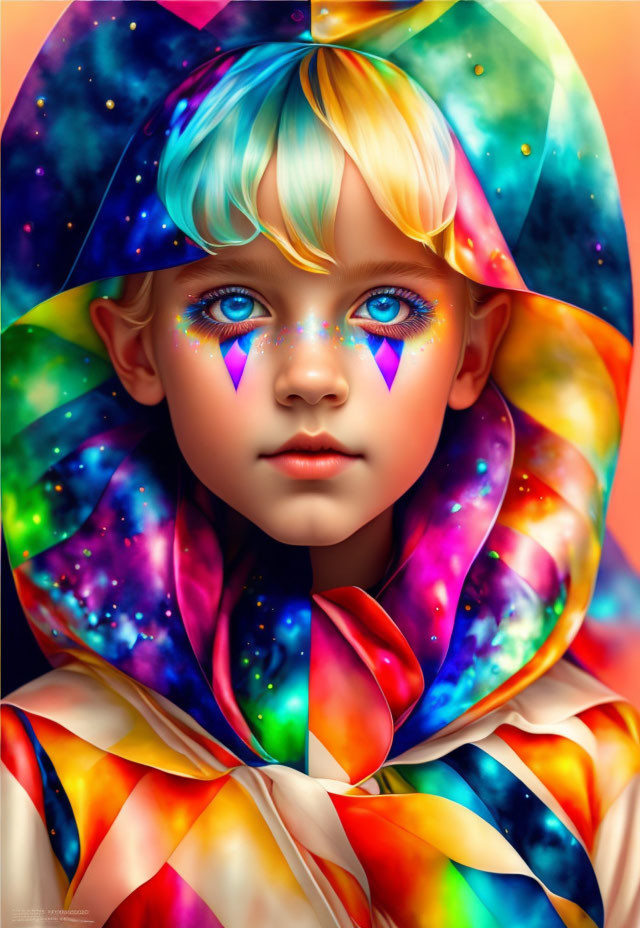 Child with Vibrant Blue Eyes and Galaxy-Themed Hood in Dreamy Digital Art