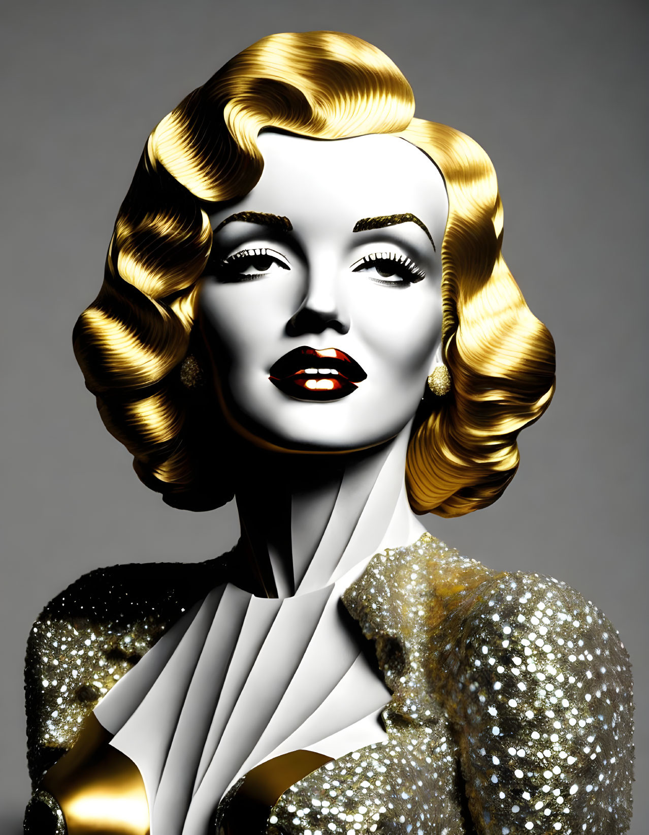 Golden curls woman with red lipstick in gold attire on grey background