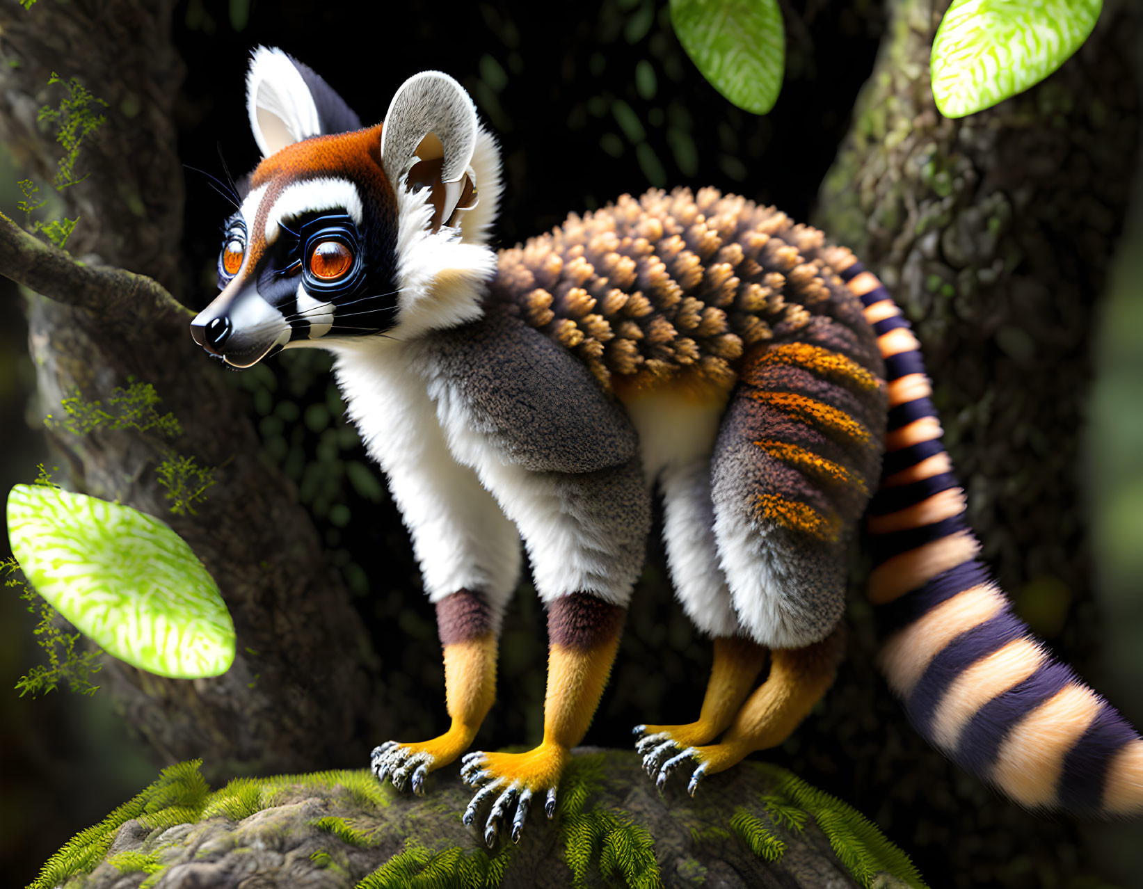 Colorful 3D-rendered lemur on mossy branch with expressive eyes