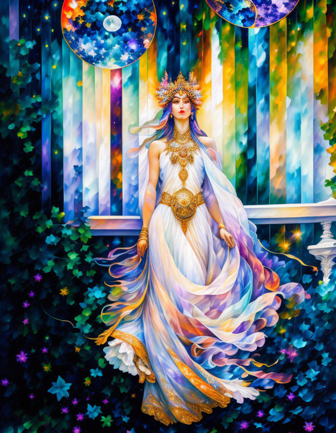 Colorful illustration of mystical woman in celestial attire with golden jewelry against starry backdrop.