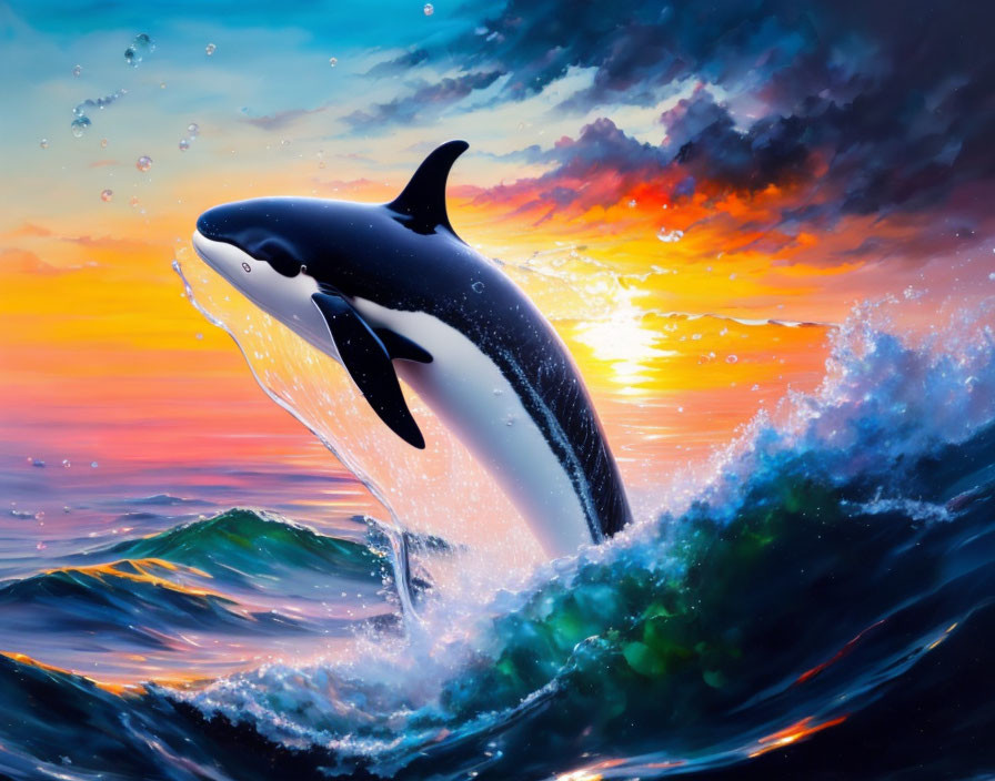 Orca whale leaping from ocean waves at sunset