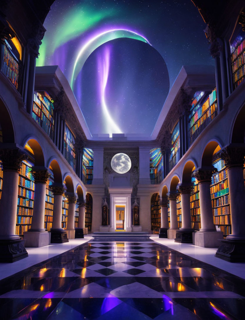 Opulent library with towering bookshelves under a fantastical night sky