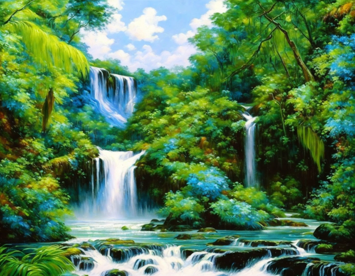 Lush Green Forest with Cascading Waterfalls and Serene Pools