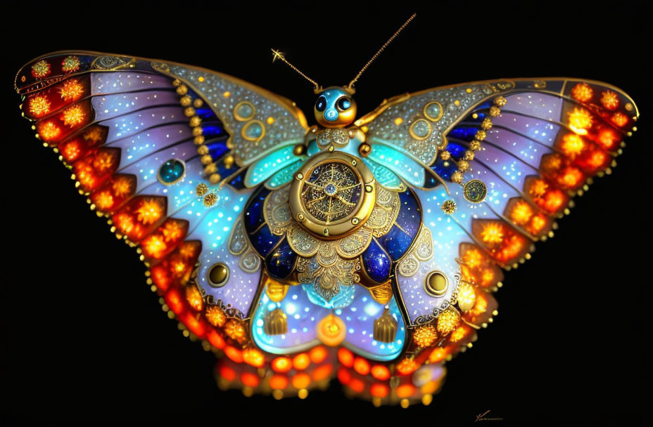 Intricate Clockwork Butterfly with Colorful Gold Adornments