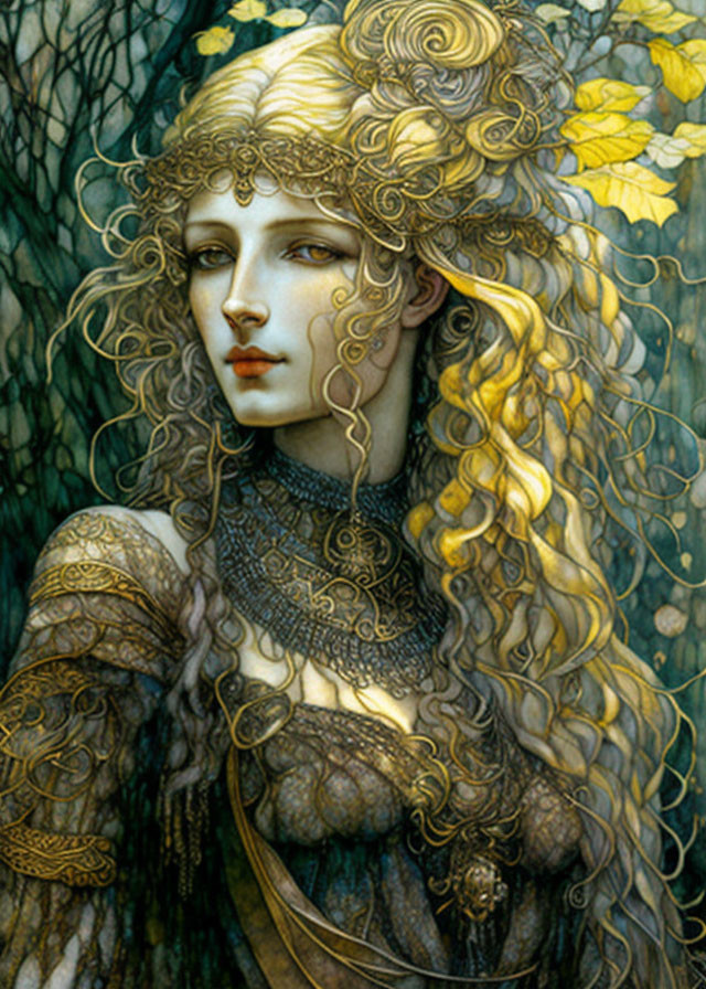 Detailed painting: Woman with golden hair and intricate patterns in forest setting