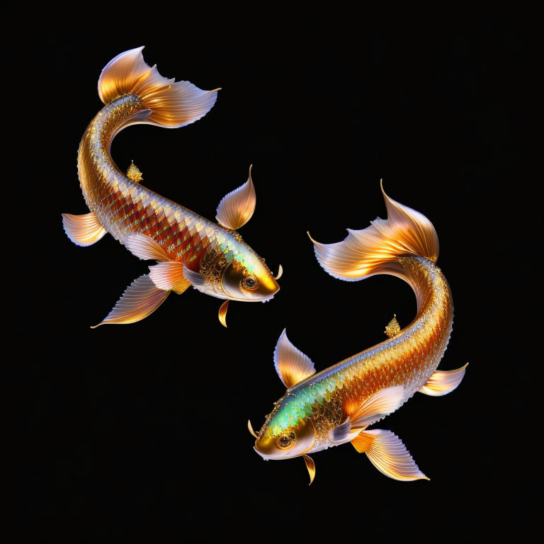 Ornate, vibrant koi fish swimming gracefully in black background