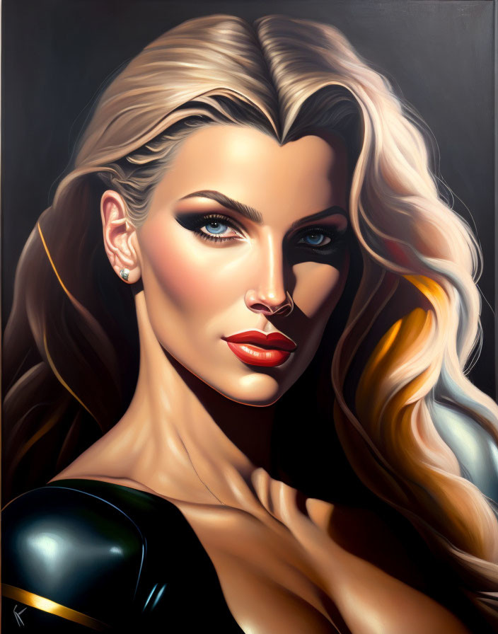 Hyperrealistic Painting: Woman with Blonde Hair, Blue Eyes, Red Lipstick, Dramatic Makeup